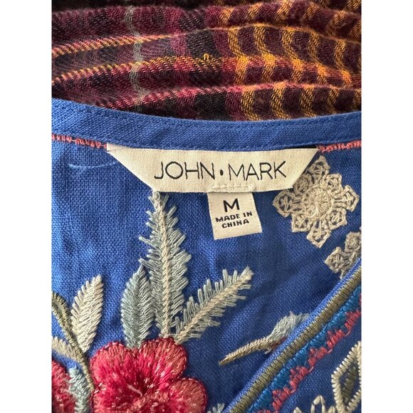 John Mark Women Chambray Blue Red Floral Embroidered Linen Cottage Peasant Top M - Picture 6 of 9
